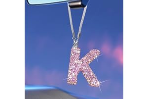 STYVIN Bling Pink Car Accessories for Women Letter Charm, Rainbow Color Rear View Mirror Cute Crystal Pendant Car Decorations, Lucky Gifts Girly Diamond Rhinestone Charm Interior K