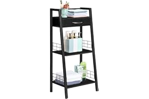 MOOACE 3 Tier Ladder Shelf with Drawer, Small Bathroom Storage Shelves, Freestanding Storage Shelving Rack Bookshelf for Bathroom Living Room Bedroom Balcony, Black