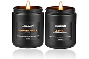 XINGZUAN 2PCS 10% Essence Smoky Vanilla Candle Set | Leather Scented Candle | Men's Room Decor | Black Soy Candle with Wood Wick | Long Lasting 45 Hour Time | Ideal for Man Cave, Bedroom, or Officec