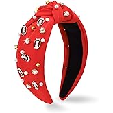 MOSOTECH Game Day Headband for Women, Football Rhinestone Pearl Embellished Wide Knotted Headband for Football Mom Fans, Fashion Non Slip Trendy GameDay Outfits Sports Hair Accessories Gifts (Red)