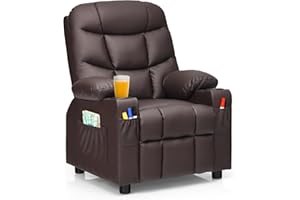 CHEFJOY Kids Recliner, Kids Recliner Chair w/ 2 Cup Holders, PU Leather Chairs Comfy w/Adjustable Backrest & 3 Pockets, Toddler Furniture Sofa for Boys Girls Aged 3+