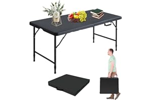 LSKSSNG Portable 4Ft Folding Table, Heavy Duty Plastic Fold-in-Half Utility Foldable Table Small, Adjustable Height Plastic Folding Table with Carrying Handle for Camping & Party Indoor/Outdoor(Black)