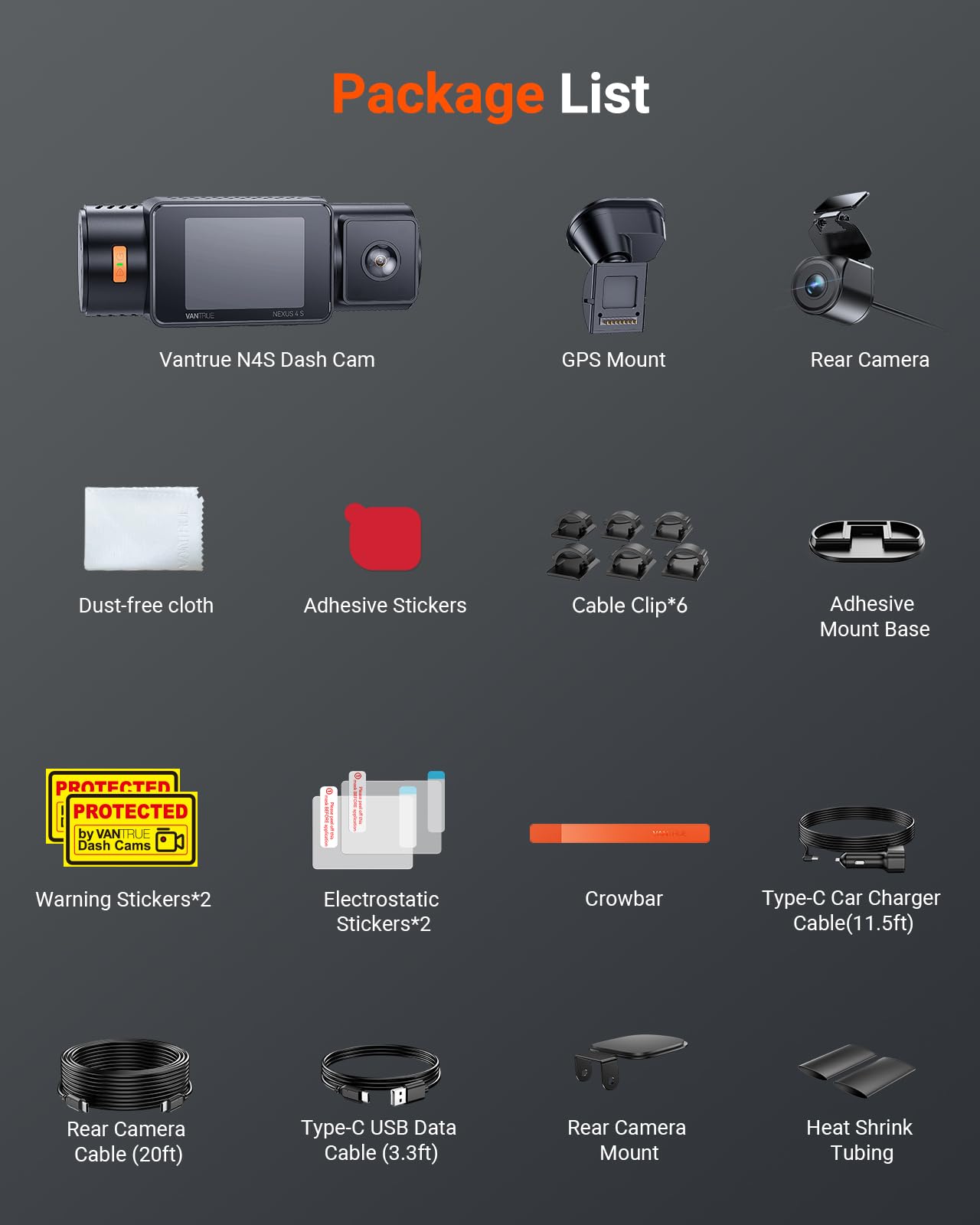 VANTRUE N4S 3 Channel Front Inside Rear Dash Cam, 2.7K+1440P+1440P WiFi Dash Camera w/PlatePix™, STARVIS 2 x HDR x IR Night Vision, Voice Control, GPS, 24/7 Parking Mode, Support 1TB Max