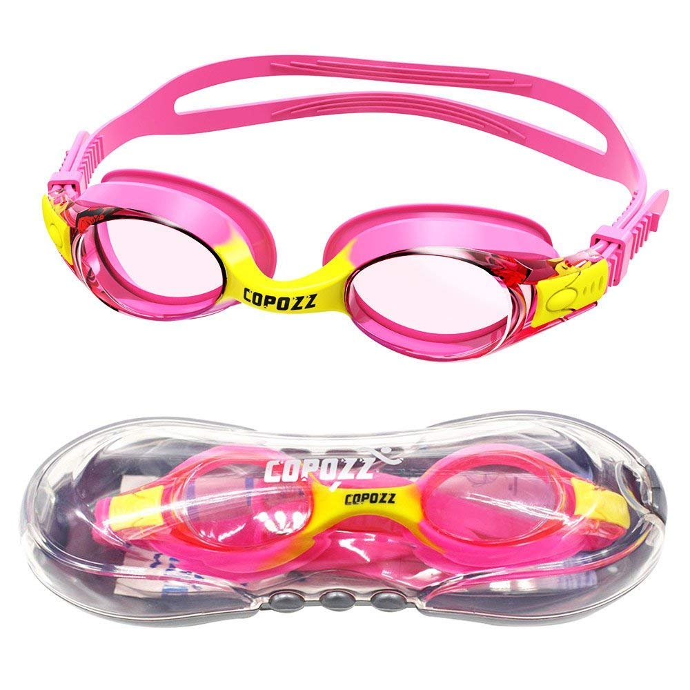 COPOZZ Kids Swimming Goggles for Children Junior Boys Girls - Age 3 4 5 6 7 8 9 10 11 12 13 14 Years - Anti Fog UV Protection No Leak - Mirror/Clear Lens - With FREE Protection Case(#1 Pink)