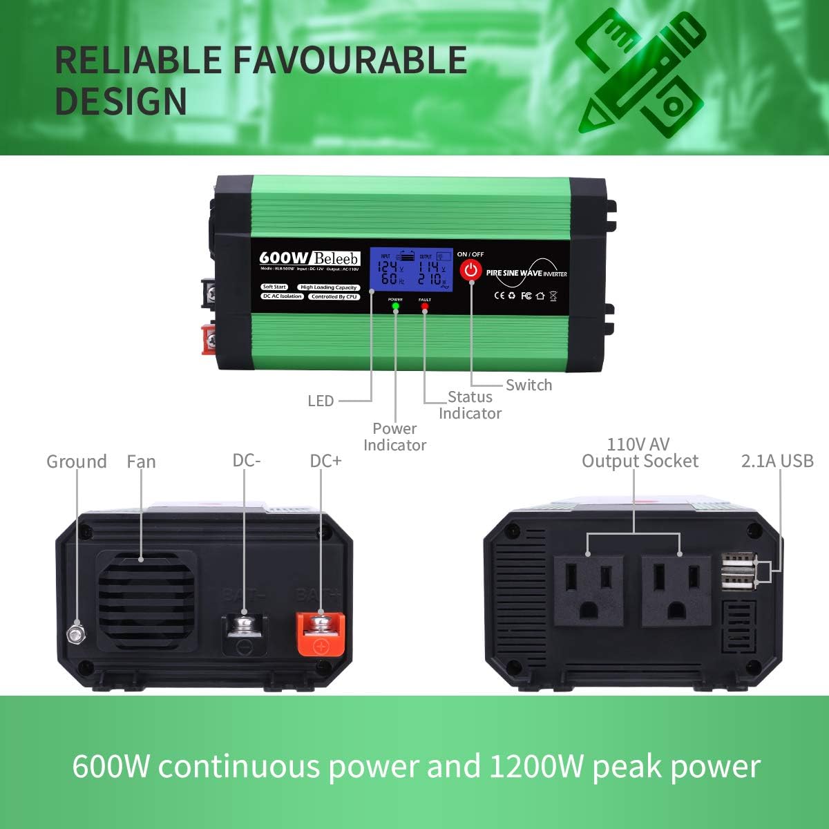 Beleeb 600W Pure Sine Wave Inverter, DC 12V to AC 110V Power Inverter with LCD Display, Dual USB Ports and 2 AC Outlets: Car Electronics