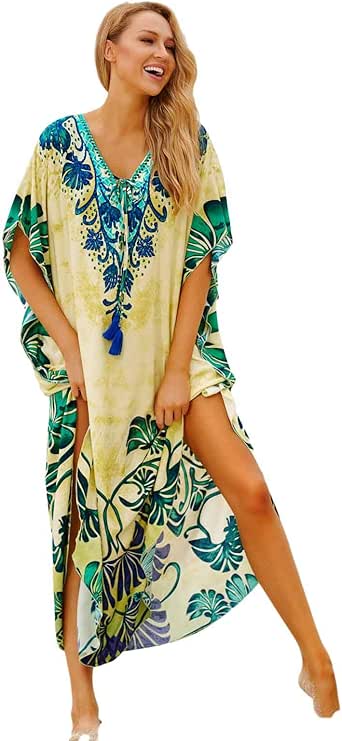 Amazon.com: Women Long Maxi Cover Ups Swimsuit Turkish Floral Print Kaftan Caftan Beach Boho 