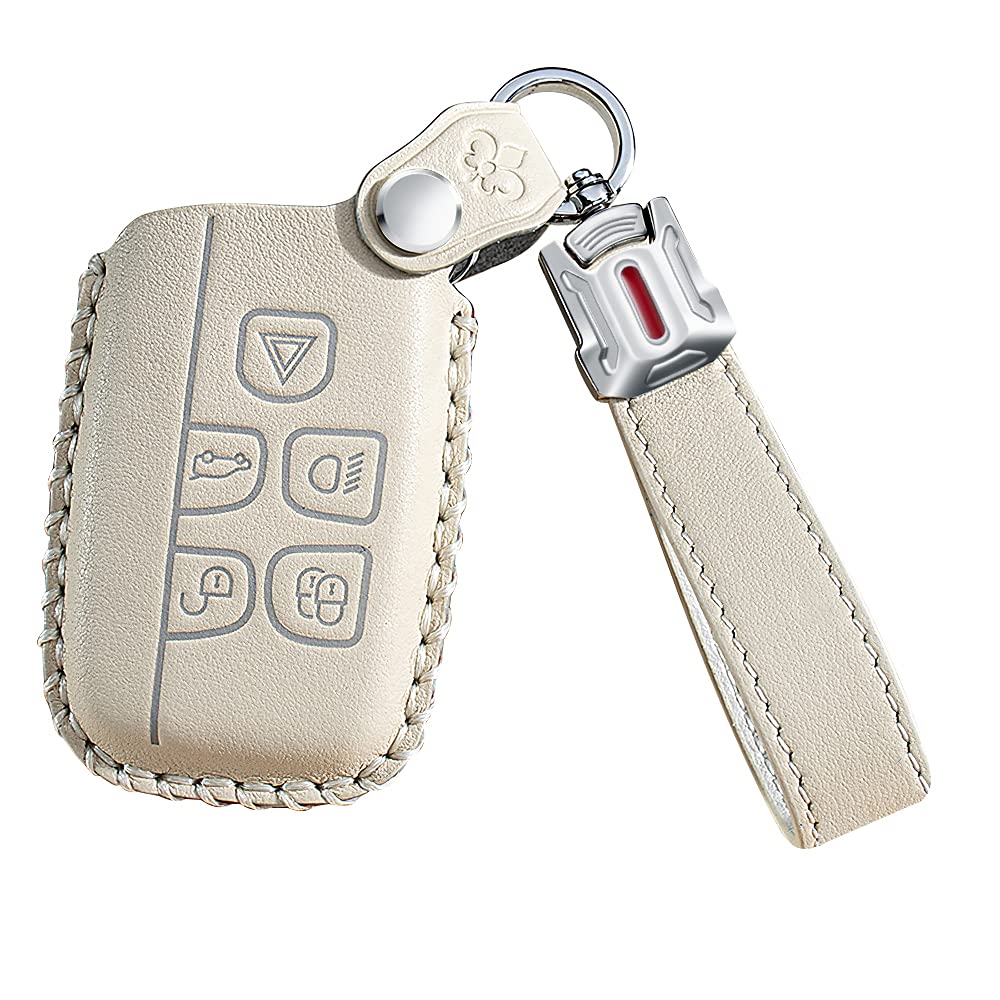ontto Leather Car Key Fob Cover Keyring fit for Land Rover Defender Discovery Evoque LR4 fit for Range Rover Sport fit for Jaguar accessories Remote Key Case Shell Holder keychain Protector Beige A