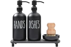 MOMEEMO Matte Black Soap Dispenser Set Comes with Stainless Steel Pumps, Instant Dry Tray, and Dish Scrub Brush, Suitable for