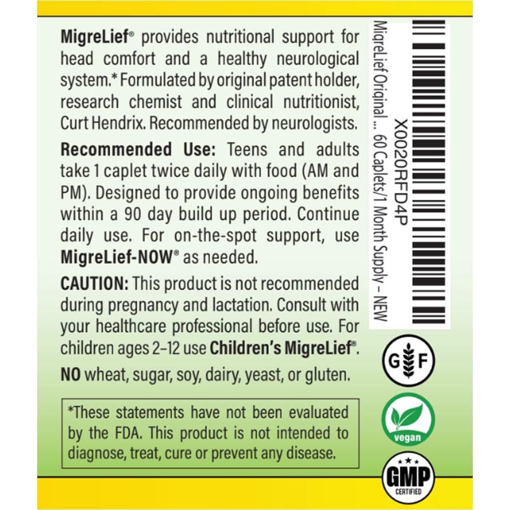 MigreLief Original Triple Therapy with Puracol - Nutritional Support for Migraine Sufferers - 60 Caplets/1 Month Supply