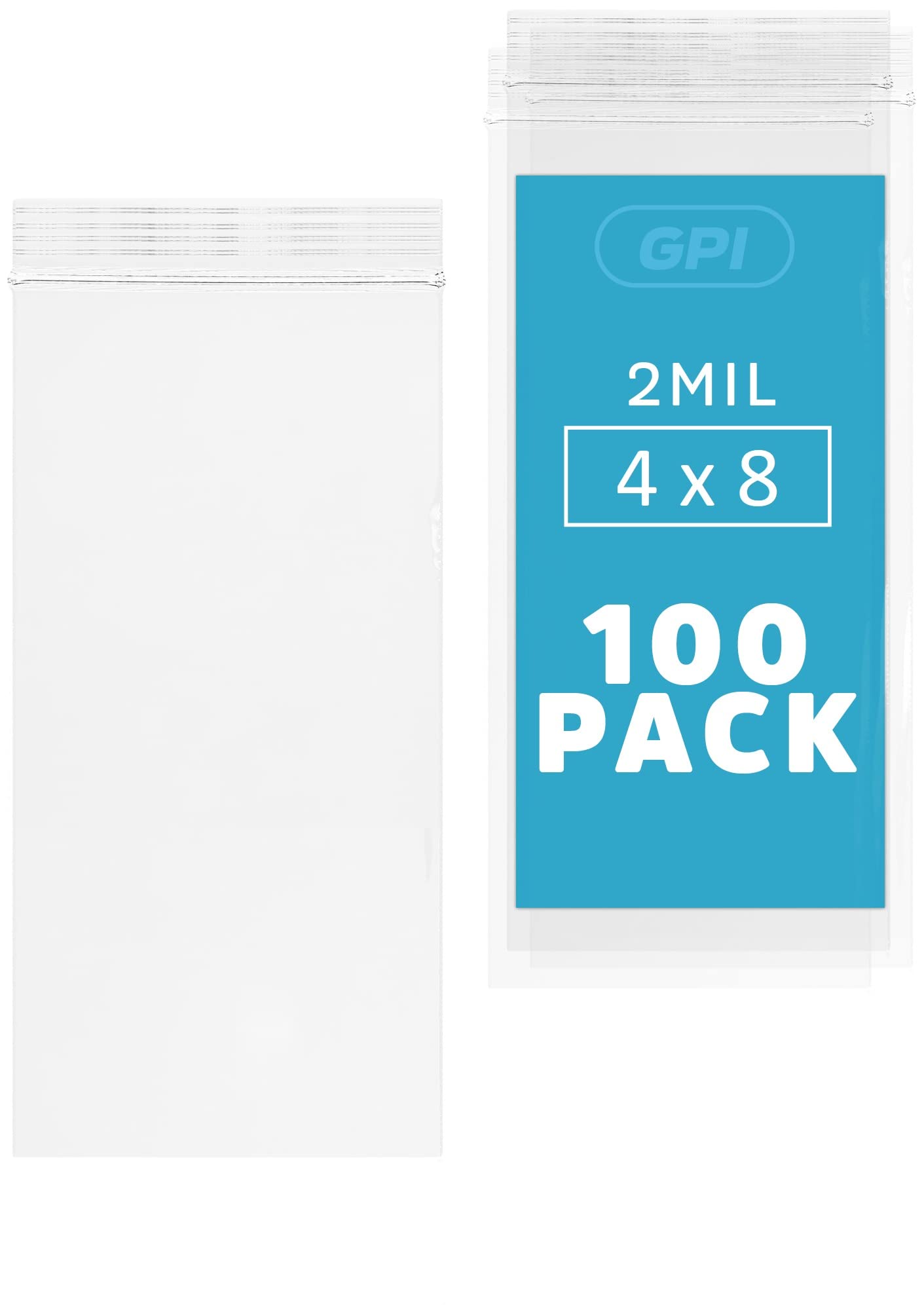 Photo 1 of GPI - 4" x 8" Long Zip Bags, 100 Count, 2 Mil, Clear Plastic Reclosable Zipper Poly Baggies, with Resealable Zip Top Lock Seal, for Snacks, Candy, Incense & Jewelry