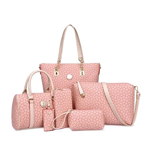 KEEPOP Women Handbag Set 6 Pcs PU Leather Tote Purse Set Multi-purpose Classic Shoulder Bag, Pink, 1