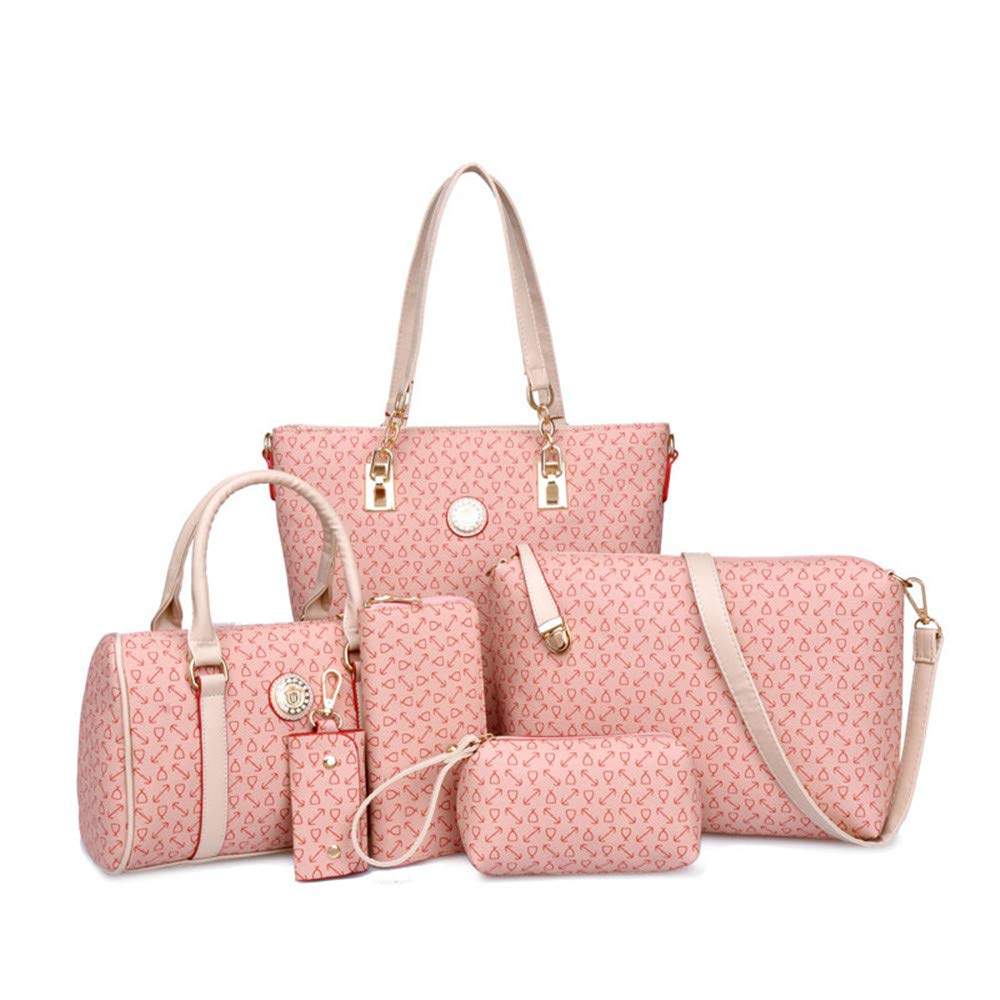 KEEPOP Women Handbag Set 6 Pcs PU Leather Tote Purse Set Multi-purpose Classic Shoulder Bag Pink