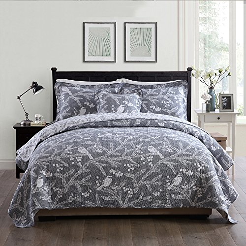 NEWLAKE Cotton Bedspread Quilt Sets-Reversible Patchwork Coverlet Set, Birds on Branches Pattern, Queen Size