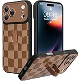 SOKAD for iPhone 17 Pro Case with Finger Strap Kickstand, Cute Checkered Checkerboard Phone Case with Finger Hand for Women Men, Slim Full Camera Protection Shockproof Cover, Brown