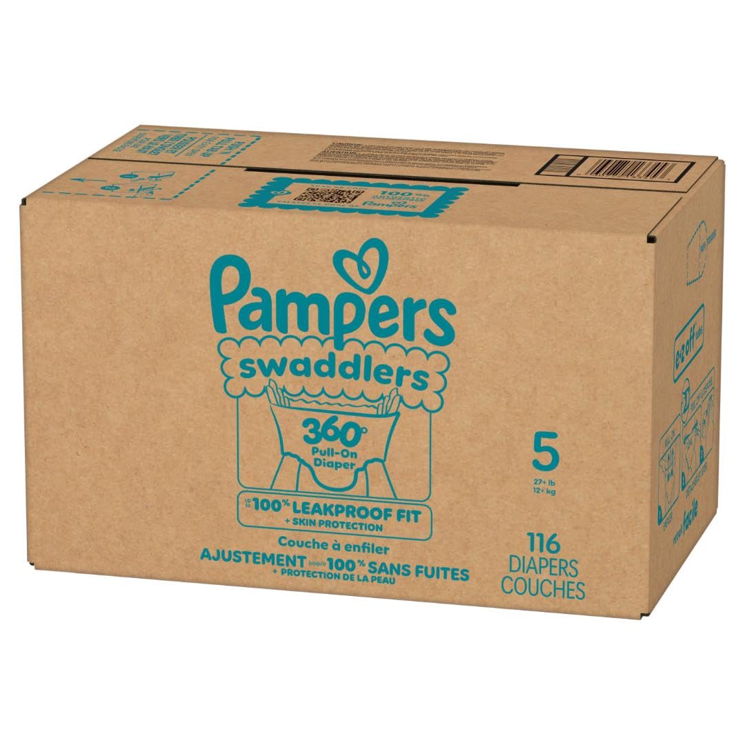 Pampers Diapers - Swaddlers 360° - Size 5, 116 Count, up to 100% Leakproof Comfy Dry Fit, Designed for Easy Changes, Pull On Baby Diaper (Packaging May Vary)