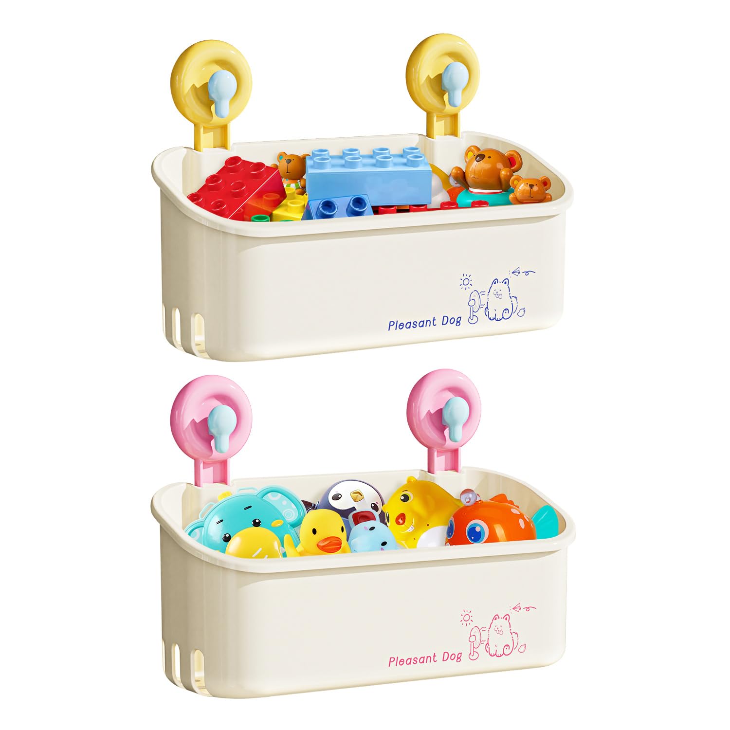 Photo 1 of CBJHPZ Bath Toy Storage - Wall Mounted Bath Toy Holder with Suction Cup, Quick Drain Large Capacity Bathtub Toy Storage for Bathroom (Yellow + Pink)