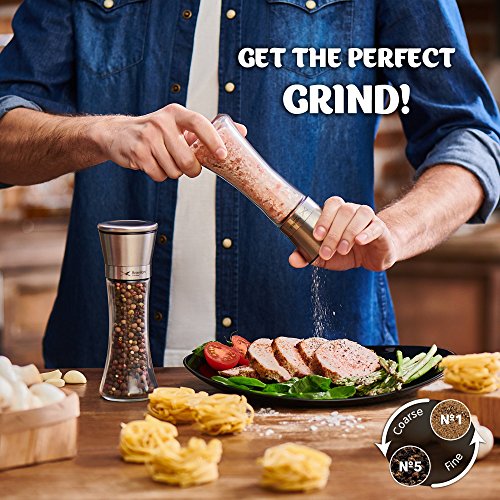 Salt and Pepper Grinder Set - Mill and Shakers Kit - Brushed Stainless Steel, Tall Premium Glass and Adjustable Ceramic Grinding System for Cooking Spices - Perfect on Kitchen