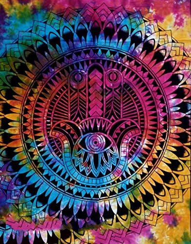 Harsh House Fashions Bohemian Psychedelic Tie Dye Good Luck Hamsa Fatima Hand Printed Tapestry Wall Hanging Decoration (Multi Colour, 40 X 30 inches)