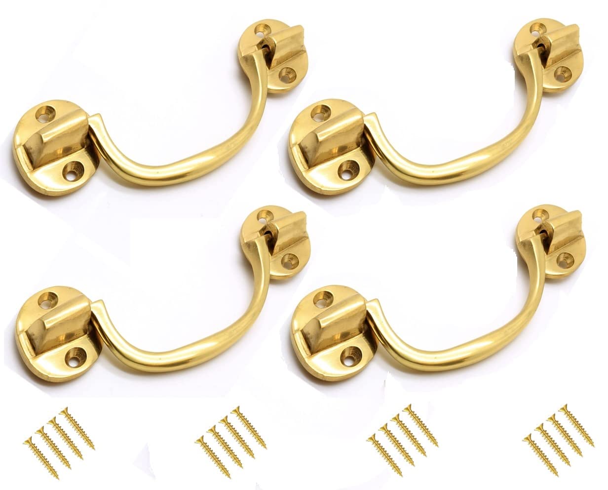 TERF® Traditional Vintage Polished Brass Drop Handle Face Fix Cabinet Pull Handle Knobs Including Fixing Screw for Use Window Cupboard Cabinet Wardrobe Door Gate - Pack of 4