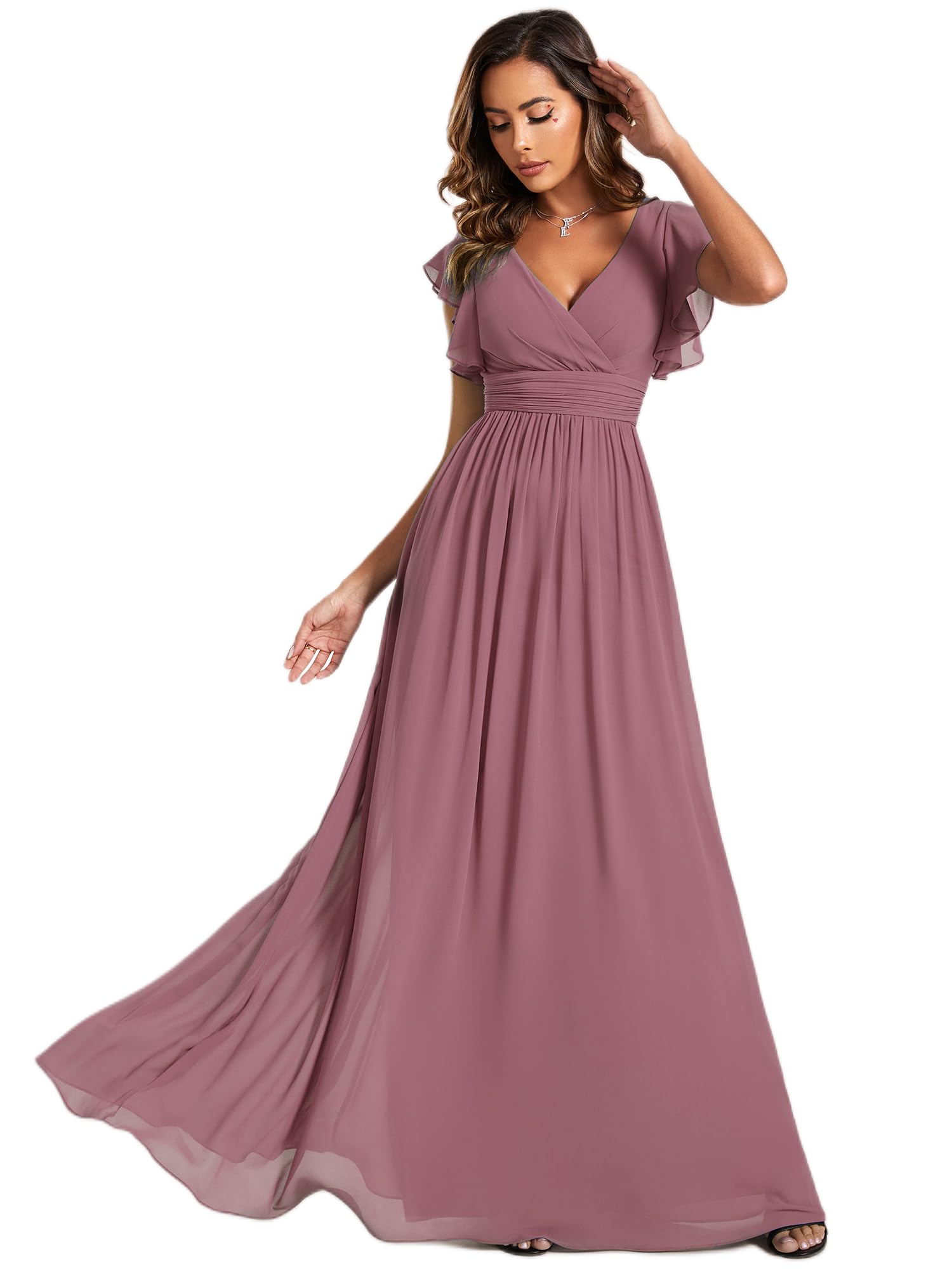 Photo 1 of Ever-Pretty Women's Flowy Chiffon A Line Ruffles Sleeves Back Cutout Bridesmaid Dresses Orchid US12