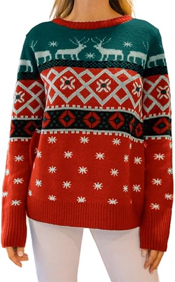 Apbondy Womens Crew Neck Ugly Christmas Sweater Reindeer Snowflakes Tree Pullover Sweater (Red 