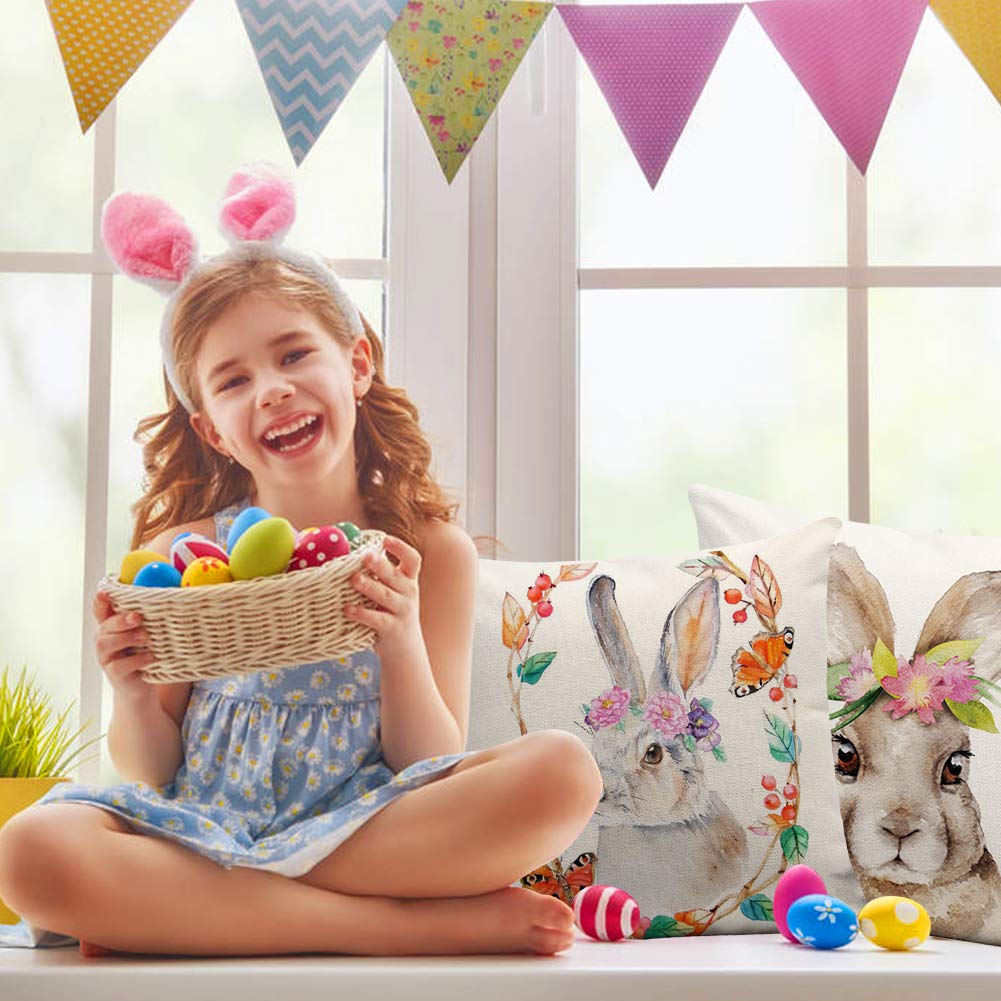 Johouse Easter Pillowcase, 4 Linen Easter Bunny Upholstered Sofa Pillowcases, 18 x 18 inch