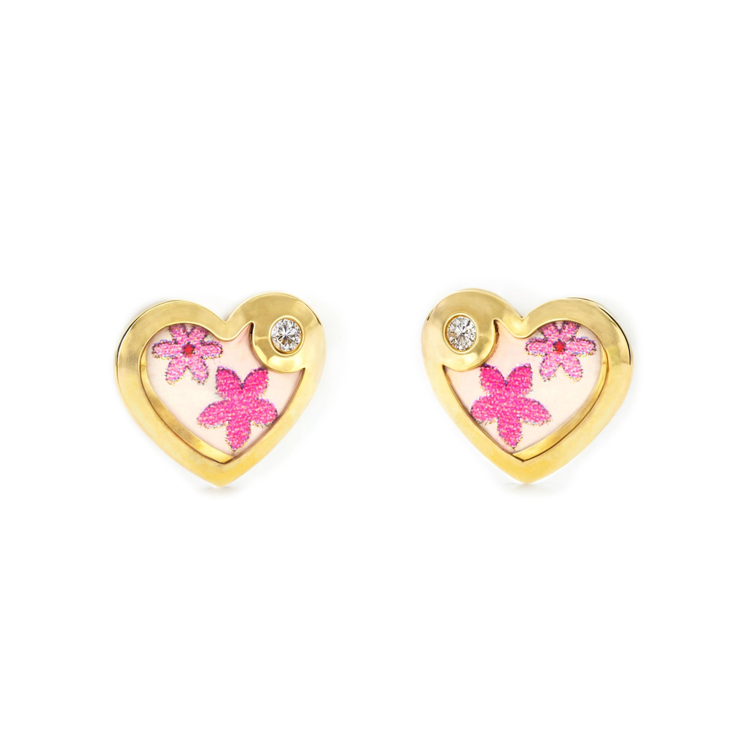 Mondepetit - 9ct Yellow Gold Multicolored enamel Heart Cubic Zirconia Children's Baby Girls Earrings shine