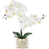 Briful Orchid Artificial Flowers 17.7in White Orchid Silk Flower with Gold Pot Faux Orchid Arrangement for Home Office Bathroom Kitchen Shelf Table Centerpiece Decoration