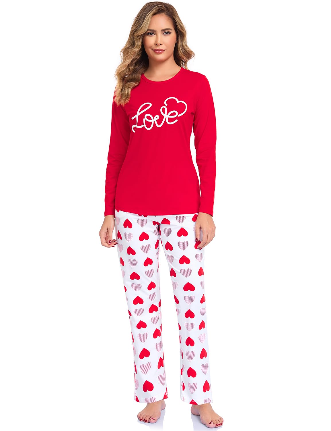 EISHOPEER Women's Cotton Long Sleeve Pajamas Set Print Sleepwear Top and Pants Cute Pjs Lounge Sets Red & Heart XX-Large Image