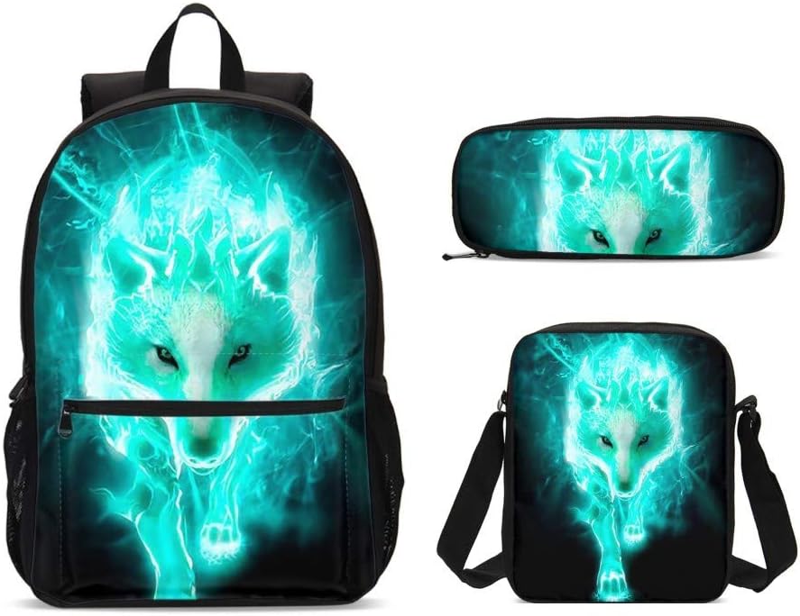 PrelerDIY Nebula Galaxy Wolf Backpack Set 3 Piece 17 Inch Plus Book Bag Shoulder Bag Pencil Case for Boys Girls 1-6th Grade Kids Back to School