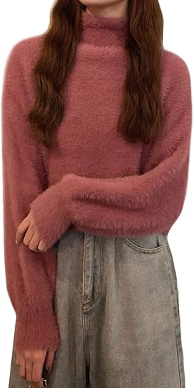 Amazon Shuming ニットセーター レディース 長袖 プルオーバー ジャギーニット ハイネック セーター 厚手 ショート丈 トップス 秋冬 モヘアセーター ふわふわ 柔らかい 無地 かわいい Freeピンク セーター 通販