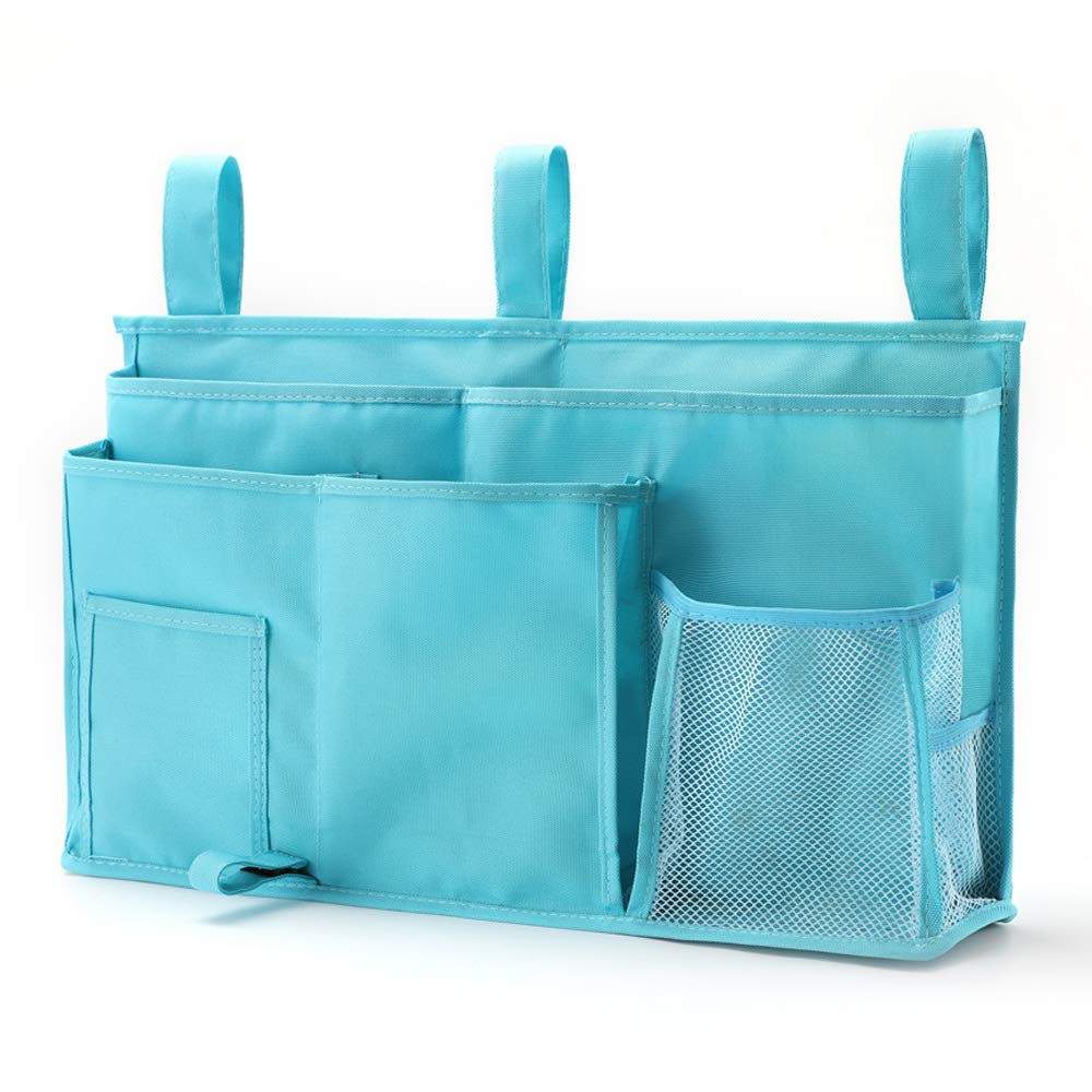 PACOLO Dorm Rooms Bed Rails Caddy Hanging Organizer Bedside Storage Bag, Loop Fastener for Bunk and Hospital Beds&600D Oxford Cloth with Hook(8 Pockets) (Light Blue)