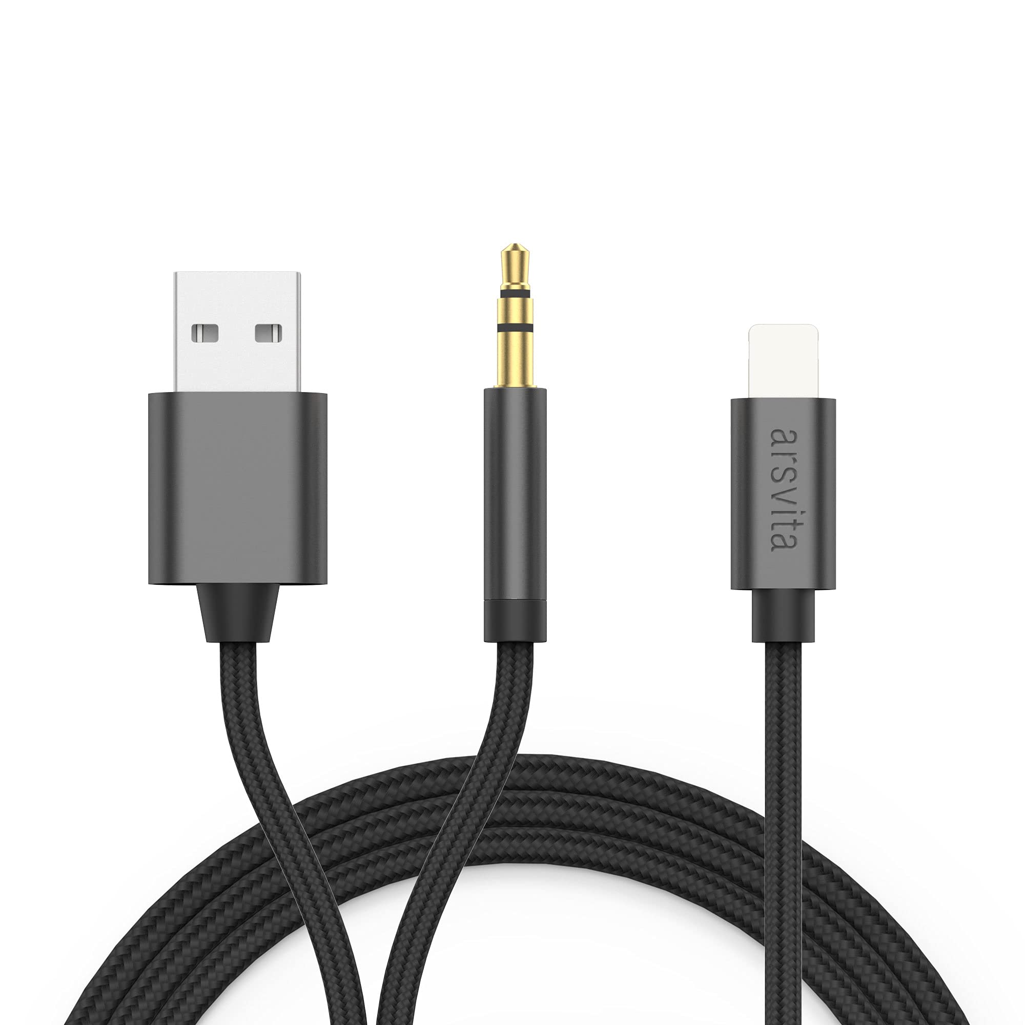 arsvita 2 in 1 Aux Cable for phone in Car, 3.5mm Headphones Aux Adapter, Black