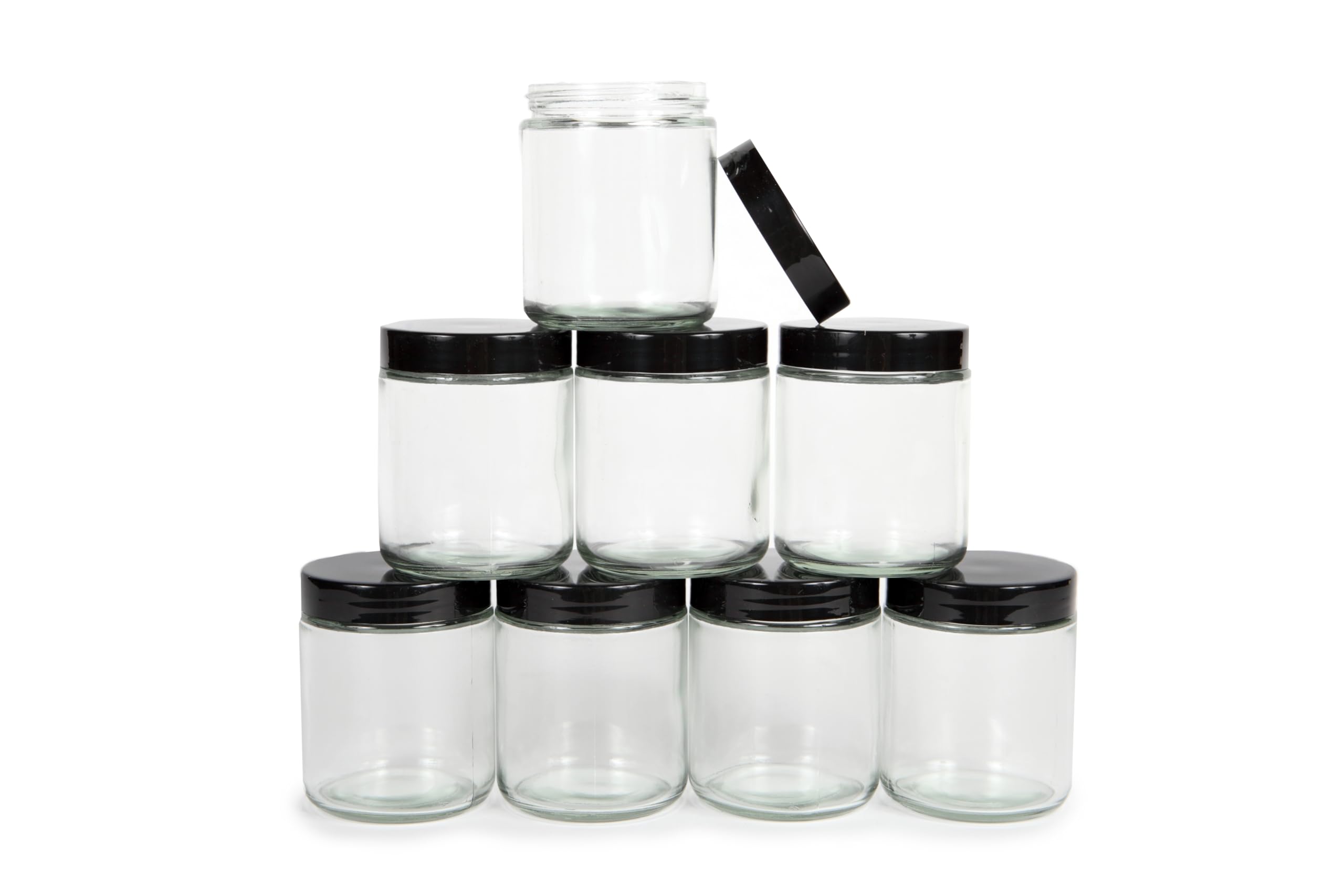 Photo 1 of Vivaplex, Clear, 8 ounce, Round Glass Jars, with Black Lids - 8 pack