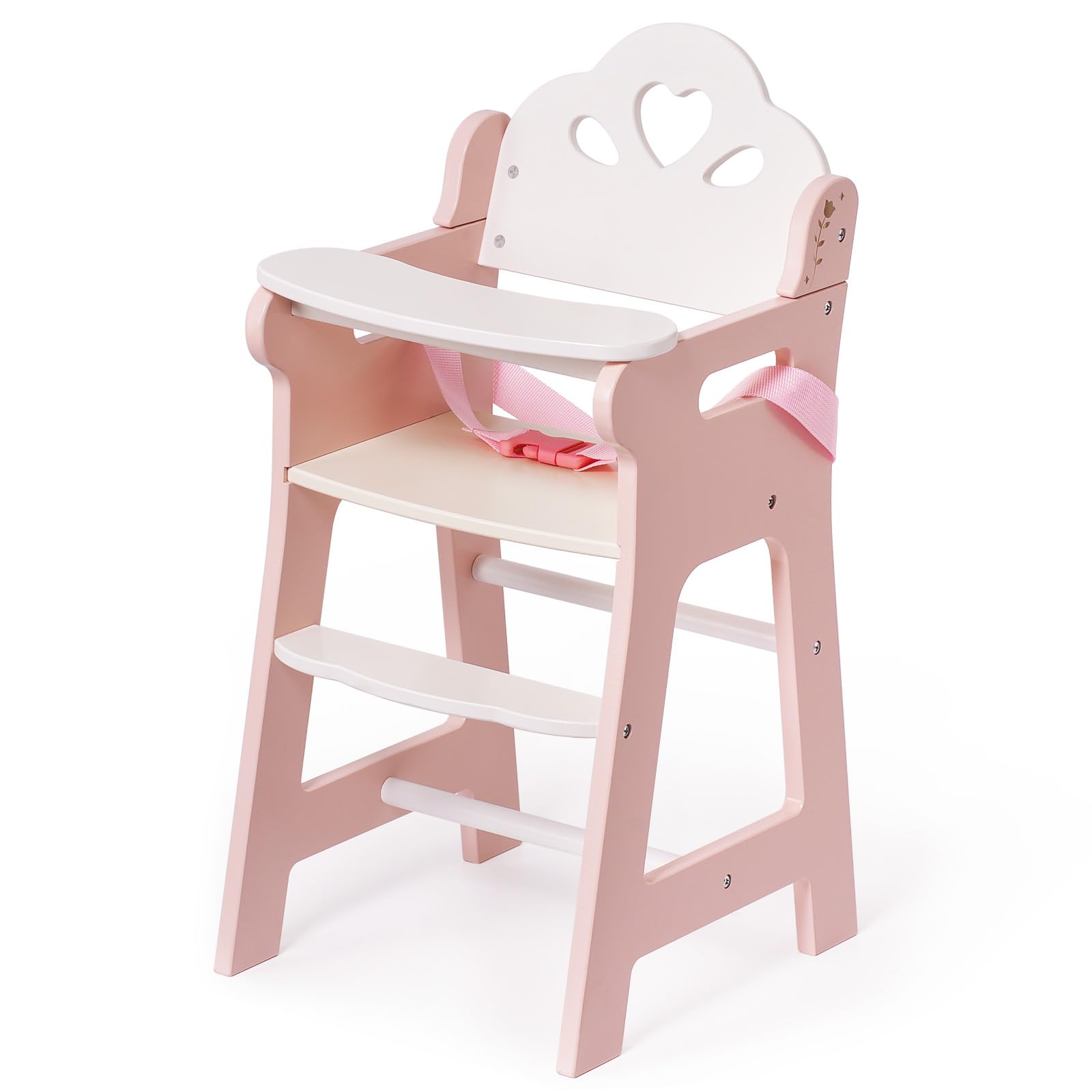 ROBOTIME Baby Doll High Chair, Pretend Play Wooden Dolls Furniture for Up to 18 Inch, with Safety Belt & Foodrest, Sturdy & Stylish Dolls Feeding Chair, Doll Accessory for Kids Aged 3+ (Pink)
