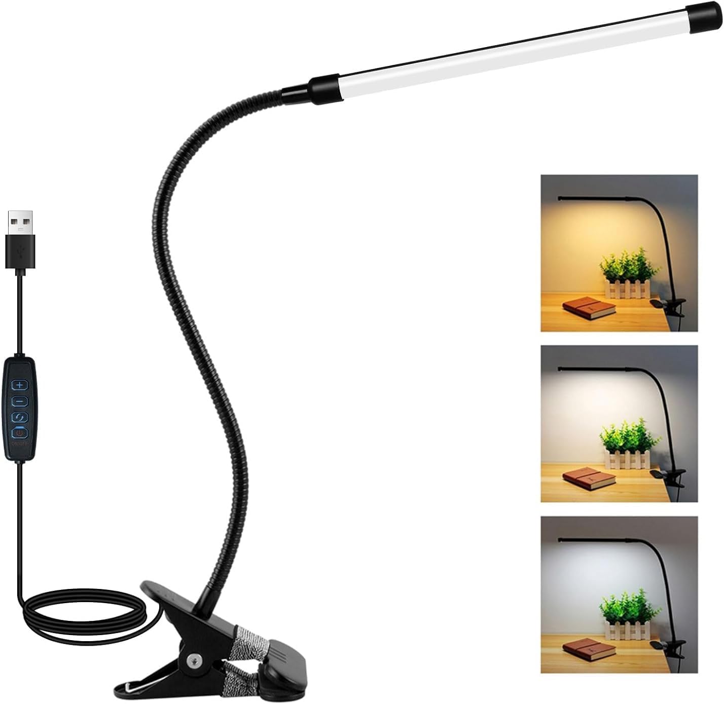 Akynite 8W Reading Lamp Clip On Bed, Flexible USB Desk Lamp with Cable, 3 Colour Changing & 10 Brightness, Bedside Reading Lamp, Clip Desk Light for Bedroom Office PC, Black — image 1