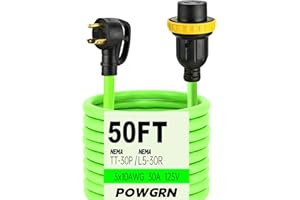 AVXCCDN 50FT 3 Prong 30 Amp RV Generator Adapter Extension Cord, NEMA TT-30 Male Plug to NEMA L5-30 Twist Lock Female Plug, 10 Gauge STW Power Cord, Max 30 Amp 125V, ETL Listed