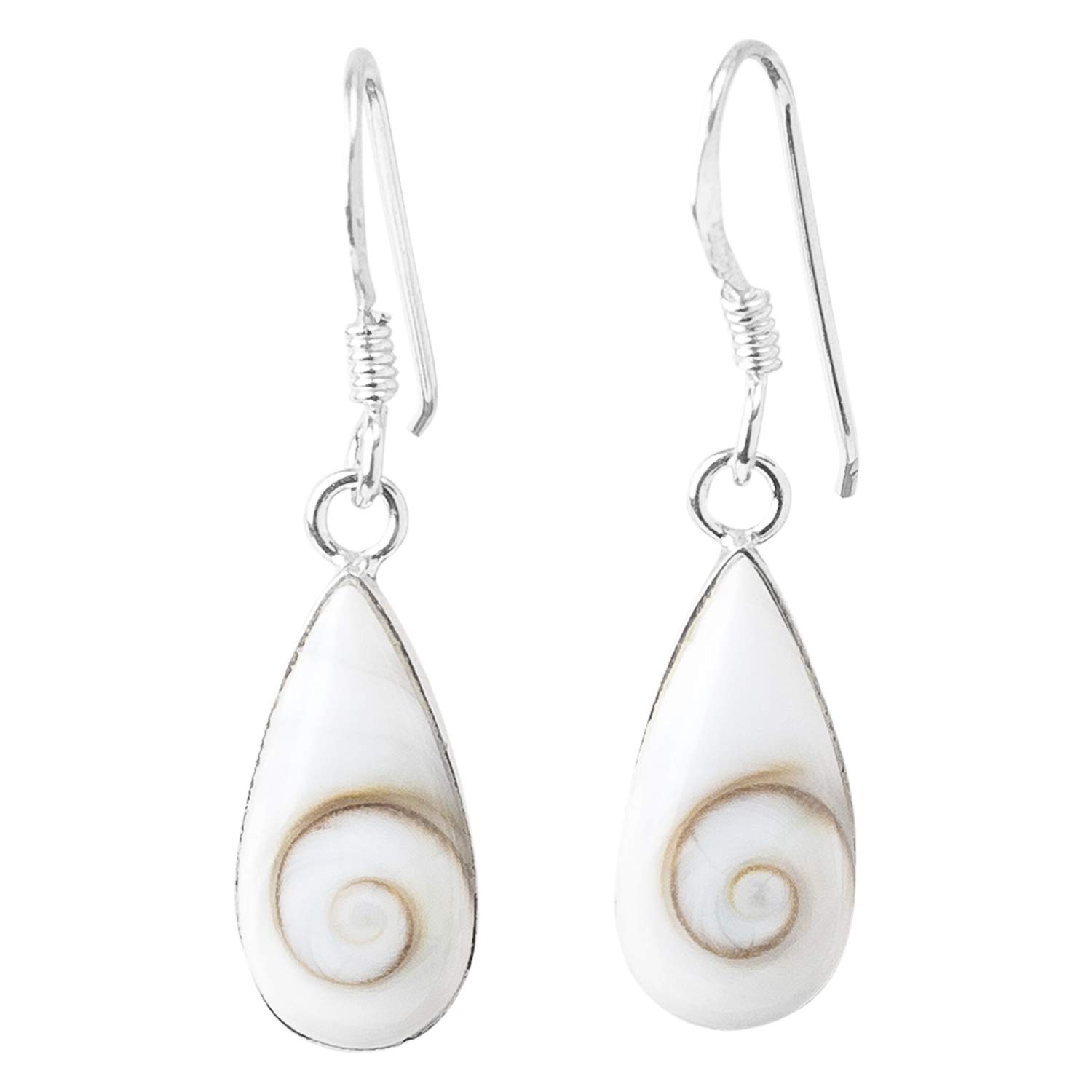 925 Sterling Silver Earrings - Eye of Shiva Natural Shell Saint Lucia Stone - Short White Oval Drop Earrings - Boho Hippie Jewelry Summer Style Ibiza - Handmade Artisanal, Shell, Eye of Shiva