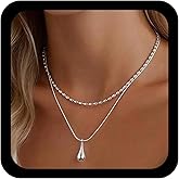 Jugielu Vintage Layered Teardrop Necklaces Silver Rice Bead Necklace Metal Teardrop Pendent Necklace Water Drop Choker Necklaces Raindrop Chain Pendent Jewelry for Women