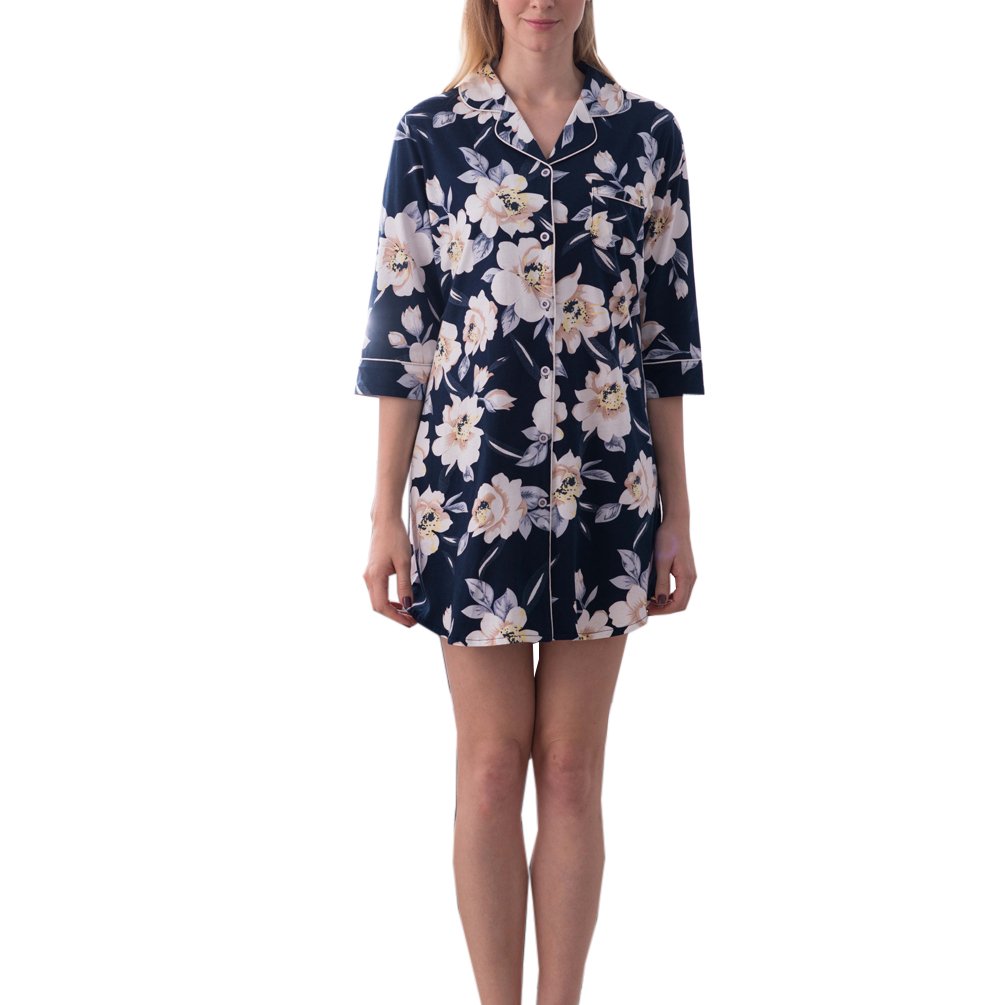 ENJOYNIGHT Women's Sleep Shirt 3/4 Sleeves Pajama Top Button-Front Nightshirt (US (8,10)=Tag L, Floral)