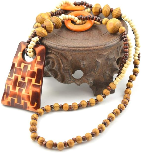 Amazon 木製 ロングネックレス ペンダント民族風 人気 手作り 手彫り セーターチェーン ブラウン木製 レディース メンズ 兼用 天然素材 ジュエリー アクセサリー 鯉 ピンアンバックル 幸運な象 お金の袋 星と月 台形 台形 ネックレス 通販