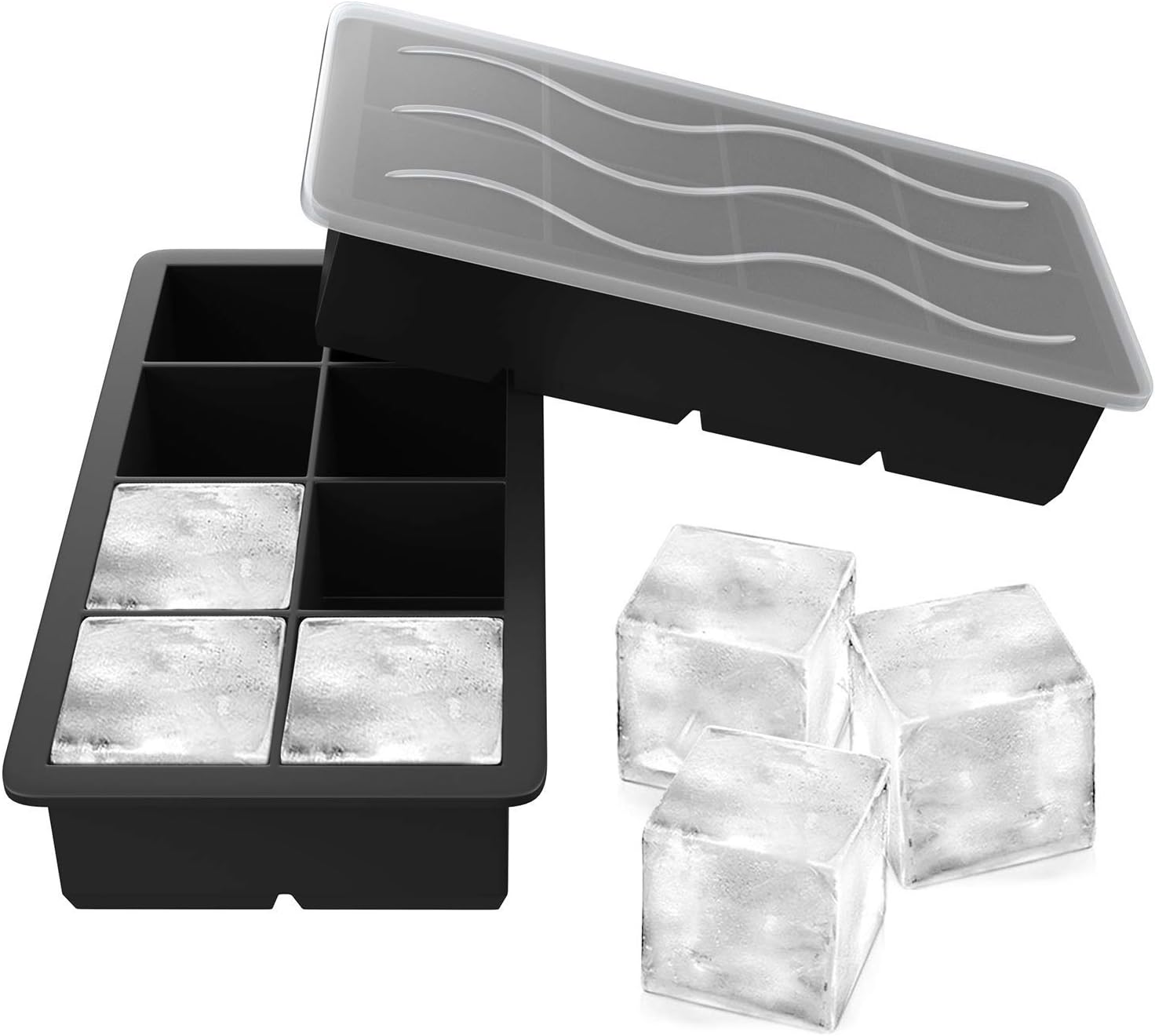 Stuti 2-inch Large Size Silicone Flexible 8 Cavity Ice Maker Tray for Whiskey and Cocktails with Cover -Combo Set of 2