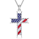MONGAS American Flag Necklace Sterling Silver Cross Red White and Blue Necklace American Flag Cross Jewelry for Men Women