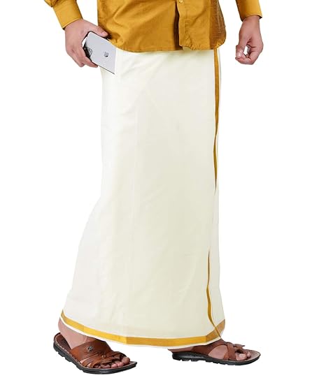 Mens VIP Cream Colour Gold Border Flexi Size Welcro pocket Dhoti (VIP-CREAM)