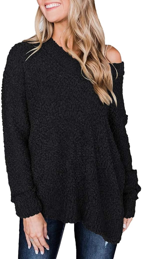 Imysty Womens Fuzzy Knitted Oversized Sweaters V Neck Sherpa Fleece Long Sleeve Jumper Pullover 