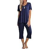 Ekouaer Women's Pajamas Set Short Sleeve Top With Capri Pants Pjs 2 PIece Lounge & Sleepwear Set S-XXL