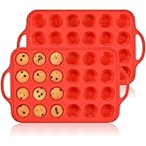 CAKETIME Silicone Mini Muffin Pan, Metal Reinforced Frame 24 Cups Mini Muffin Tin with Handles BPA Free Muffin Silicone Molds for Baking Muffins, Cupcakes, Egg Bites 2 Pack, Red