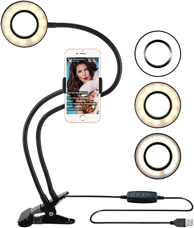 Selfie Ring Light with Cell Phone Holder Stand for Live Stream,Gooseneck Cell Phone Stand,Dimmable[3-Light Mode][10-Level Brightness],Selfie Ring Light for iPhone 7,6/Plus,Huawei,HTC,Samsung