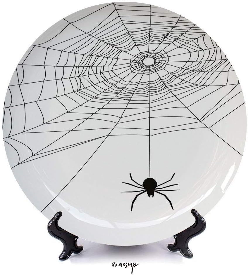 AngelDOU №12822 10" Dinner Plate/Web,Complex Doodle Net Sticky Gossamer Hunting Catch Danger Prey Spooky Decorative,Black White/Decorative Ceramic Decorative Plates,Dining Table Tabletop Home Decor