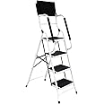Wiberwi 4 Step Ladder with Handrails 500 lb Capacity Step Stool Folding Portable Ladders for Home Kitchen Steel Frame with Non-Slip Wide Pedal Stepladder with Attachable Tool Bag White